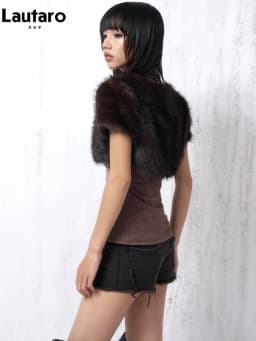 Lautaro Autumn Winter Short Brown Thick Warm Soft Faux Fur Vest Coat Women Luxury Chic Sexy Punk Style Fluffy Sleeveless Jacket