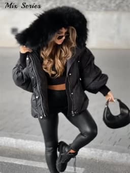 Oversized Faux Fur Hood Padded Jacket Women's Full Sleeve Zippers Loose Coats 2025 Autumn Winter Lady Thick Warm Outerwear