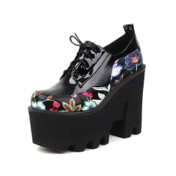 Ultra High Waterproof Platform Wedge Heel Raised Breathable Pumps Embroidered Floral Punk Style Lace Up Polyurethane Sole Pumps