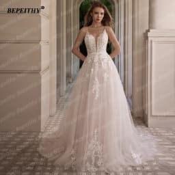 BEPEITHY Customized Sexy Backless A Line Wedding Dresses Sleeveless Women V Neck Glitter Boho Court Train Lace Bride Bridal Gown