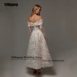 2026 Champagne Wedding Dresses Off Shoulder Long Sleeves A Line Lace Sequined Beads Flowers Bridal Party Gowns Customized