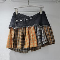Women Plaid Denim Patchwork Streetwear Irregular A-line Mini Skirt 2025 Summer Street Female Classic Jeans Cargo Skirts
