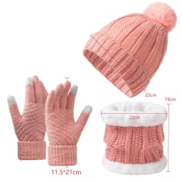 3Pcs Winter Knitted Beanie Hat Scarf Gloves Set Fleece Lined Pom Pom Hat Touchscreen Gloves Neck Warmer for Women Men Outdoor