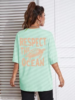 Respect The Ocean Green Turtle Print T-Shirts Women Casual Fashion T Shirt Breathable Cotton Short Sleeve O-Neck Street Clothing