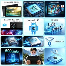 KB1001L 10.1 Inch Android 16 Tablet, Max 24GB(3GB+21GB) RAM 64GB ROM, A333 5-Core CPU, HD IPS Touch Screen 800*1280, 6000mAh Battery, 5MP+8MP Dual Camera, WiFi 6, Widevine L1, Face Unlock, Type-C, 1TB Expandable Storage,France Local Warehouse Fast Delive