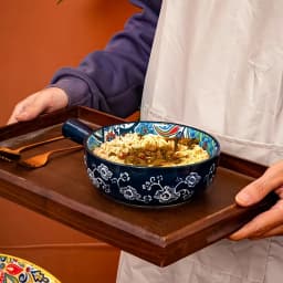 Bohemian Ceramic Hand-Painted Embossed Patterned Salad Bowl with Handle Kitchen Bakeware Microwave & Oven Safe 1 Pc