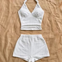 Summer White Halter Top and Shorts Set, Casual Beach Outfit