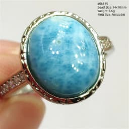 Natural Blue Larimar Oval Adjustable Ring Jewelry Water Pattern Real Larimar For Women Men Healing Fashion Stone AAAAAA