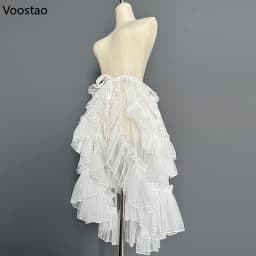Sweet Lolita Style Double Layer Lace Asymmetrical Ruffles Skirts Women Summer Mesh Cute Curtain Sheer Cover Up Thin Long Skirt
