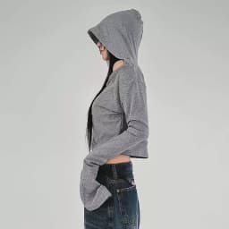 Flare Long-sleeve Hooded Crop Top Women Fall Solid Color Elastic Casual Tee Shirt Pullover Pile Collar Y2k T-shirt