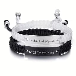 2 Pcs Handmade White Black Braided Rope Bracelet Set Adjustable Stainless Steel Couple Bracelets Valentine's Day Gifts