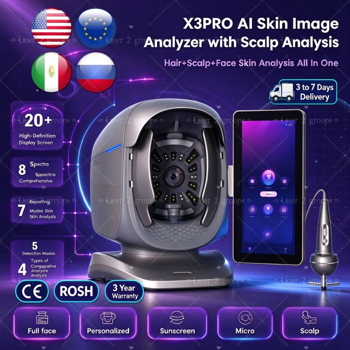 X3 Prro Skin Analyzer Machine 15.6 Inch 3D Facial AI Skin Care Scanner Hair Analysis 8 Light Spectrum for Business Beauty Care