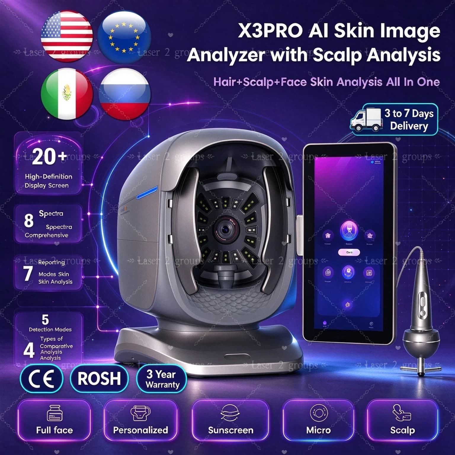 X3 Prro Skin Analyzer Machine 15.6 Inch 3D Facial AI Skin Care Scanner Hair Analysis 8 Light Spectrum for Business Beauty Care