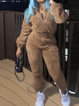 Women Two Pieces Pant Sets Fuzzy Solid Matching Set Long Sleeves Coat Elastic Waist Straight Pants Slim Fit Casual 2026 Autumn