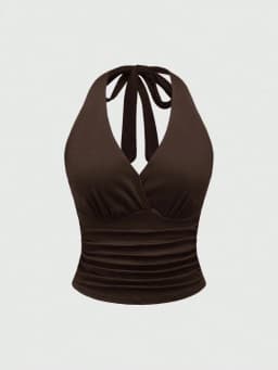 Solid V-neck Backless Halter Crop Top for Women Summer Sexy Y2K Sleeveless Ruched Top Streetwear