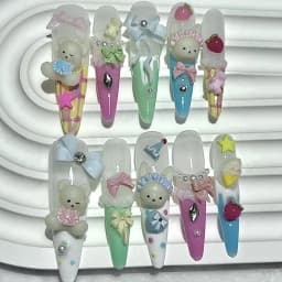 10PCS Cute 3D Bow Teddy Bear Pink French Handmade Press On Nails Lolita Kawaii Bunny Long Fake Nails Pearls Glitter Nail Art