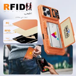 For iPhone 17 Pro Max With Card Holder Sliding Camera Cover And Stand Phone Case, Anti-Fall PC+TPU Wallet Case-Orange