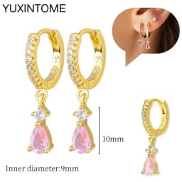 925 Sterling Silver Needle Pink Crystal Heart Hoop Earrings for Women Fashion Geometric Pendant Earrings Luxury Jewelry Gifts