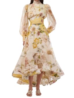 Elegant Floral Printed Women's Dress Stand Collar Full Puff Sleeve A-line Long Dresses 2026 Summer Vacation Party Lady Robes