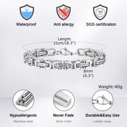 Vnox Stainless Steel Byzantine Bracelet for Men, 8mm Wide Vintage Style Bold Square Links Chain Wristband, Father's Day Gift