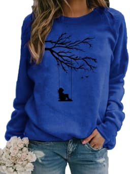 Women's Autumn and Winter Loose Casual Comfortable Tree and Bird Design Printed Velvet Long-Sleeved Round Neck Hoodie Pullover