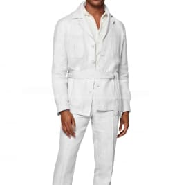 New 2 Pieces Linen Men's Suits With Belt Tuxedo Summer Casual Style Groomsmen For Wedding(Blazer+Pants)