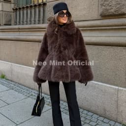 Neo Mint Trendy 2026 Winter Hot Chocolate Brown Peplum Fur Jacket Women Vintage Fashion Fluffy Faux Fox Fur Coat Long Outerwear