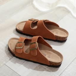 Birken Genuine Leather Women's Flat Slide Sandals - 2 Strap Design, Arch Support, Non-Slip, Cork Footbed, Slip-On Style