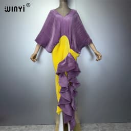WINYI New Pleated Slim High-Fork Dress for Women Fashion Beach Cover-Up Muslim Kaftan Abaya Dubai Luxury Long Evening Gown