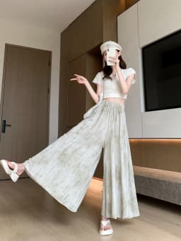 Summer Thin High Waist Wide Leg Ice Silk Skirt Pants Women's Stylish Dyed Korean Style Casual Pants Nine Points High Waist
