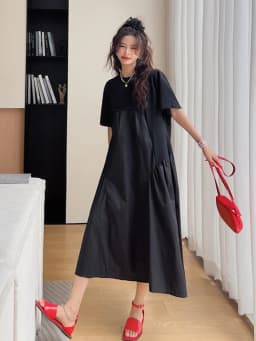 Patchwork Pleated Black Vintage Dresses For Women New Korean Fashion Short Sleeve Loose Casual Summer Long Dress Clothing 2026