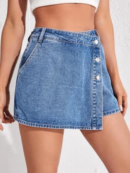 Chic Asymmetrical Hem Denim Skort for Women High Waist Button Fly Jean Skorts with Split Side & Pockets Shorts Skirts Harajuku