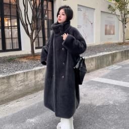 Ladies' Long Over-Knee Thickened Sheepskin Coat Korean Style Loose Fit Rabbit Fur Outerwear Warm Commute Style Button Detail