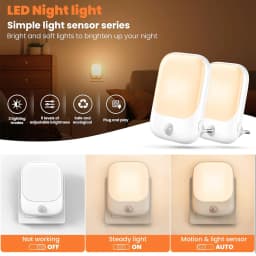 2pcs Night Light Socket with Motion Sensor, Night Light 3-Level Brightness Adjustment (On/Auto/Off), 2700K Warm White Night