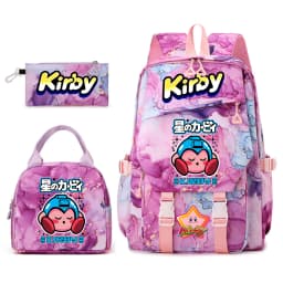 Kirby Cartoon Print Student Backpack Set for Girls with Lunch Bag and Pencil Case School Bookbag Lightweight Daypack