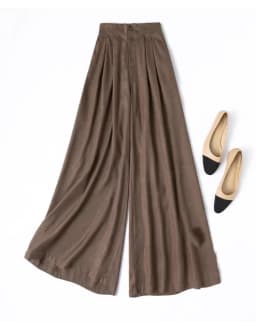 Birdtree 28M 100% Real Spun Silk Solid Pants,Women Jacquard Elastic Waist Autumn French Style Wide Leg Pant With Pocket P58002JF