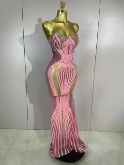 2026 Sexy Sparkly Pink Rhinetones Sequins Strapless Mesh Sheer Long Dress Birthday Evening Celebrate Party Nightclub Stage Wear