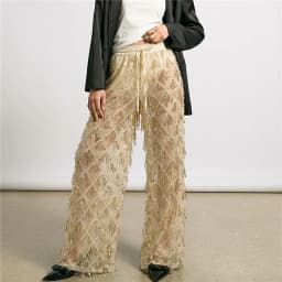 Glitter Sequin Fringe Mesh See Through Wide Leg Pants Elastic Waist Drawstring Sheer Palazzo Trousers Beach Party Club Cover Up