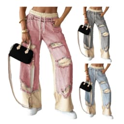 Summer Women's Large Hole Patchwork Jeans High Waist Wide Legs Trousers Cool Girl Casual Bottoms Female Denim Pants