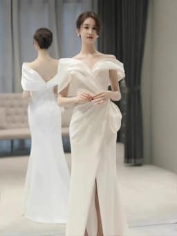 Light White One-Shoulder Wedding Dress Luxury Small Audience High-End Engagement Fish-Tail Evening Gown for Art Exam Hosting