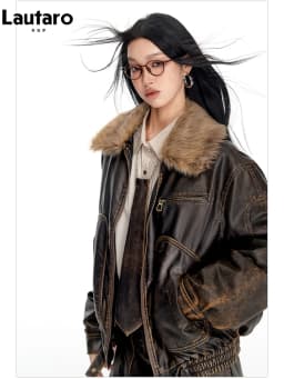 Lautaro Spring Autumn Cool Handsome Vintage Distressed Brown Pu Leather Jacket Women Faux Fur Collar Luxury Designer Clothing