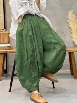 Retro Patchwork Hemp Lantern Pants Women's Summer plus Size Slimming Pumpkin Cotton Linen Multi-Panel Frayed Wide Leg Pants