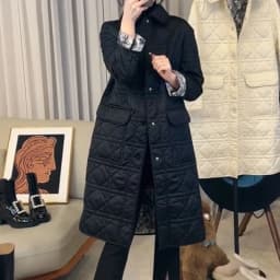 Trendy Korean Style Black Cotton Jacket Quilted Midi Coat Small Fragrance Style Diamond Pattern Commute Long Sleeve Collar