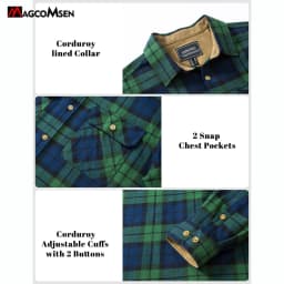 MAGCOMSEN Men's Cotton Flannel Shacket Plaid Shirt Long Sleeve Corduroy Collar 2 Chest Pockets Casual Work Overshirt Outdoor