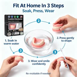 Moldable Silicone Denture Set, Upper & Lower Natural Ivory False Teeth Kit, Instant Smile with Free Toothbrush & Toothpaste
