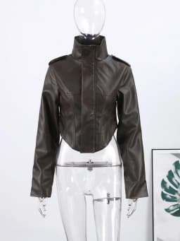 2026 Spring Women's Cropped PU Leather Jacket Stand Collar Long Sleeve Zipper Jackets Fashion Lady Retro Moto Biker Coat Outwear