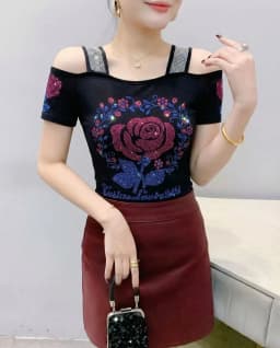 New Designer Hot Diamond Mesh T-Shirt Women Korean Style Sexy Off Shoulder Slim Tee Summer Casual Streetwear Tops