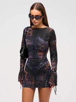 Weird Puss Patchwork Print Dress Women o-Neck Lace-Up Full Sleeve Hottie Trend Skinny Stretch Peach Hip Mini Bodycon Streetwear