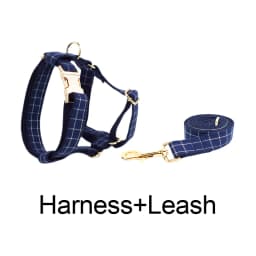 Dark Blue Check Dog Collar Leashes Harness Bow Set Grid 02