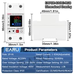 EARU 40A 63A Adjustable Over Under Current Voltage Protector Relay Switch Power kWh Energy Meter Voltmeter Automatic Reclosing